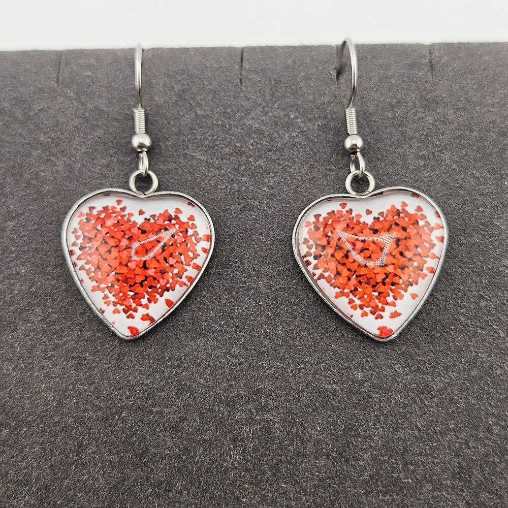 Silver Tone Confetti Heart Hook Earrings Red Dangle Drop Whimsical Love Cutesy